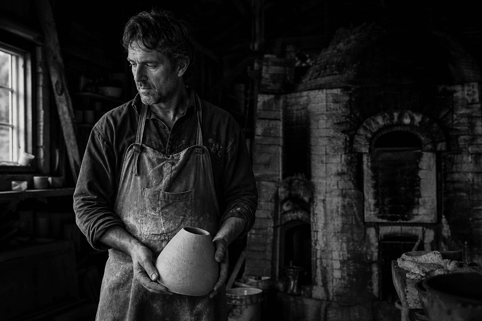 The LOAM CERAMICS potter standing beside the wood kiln