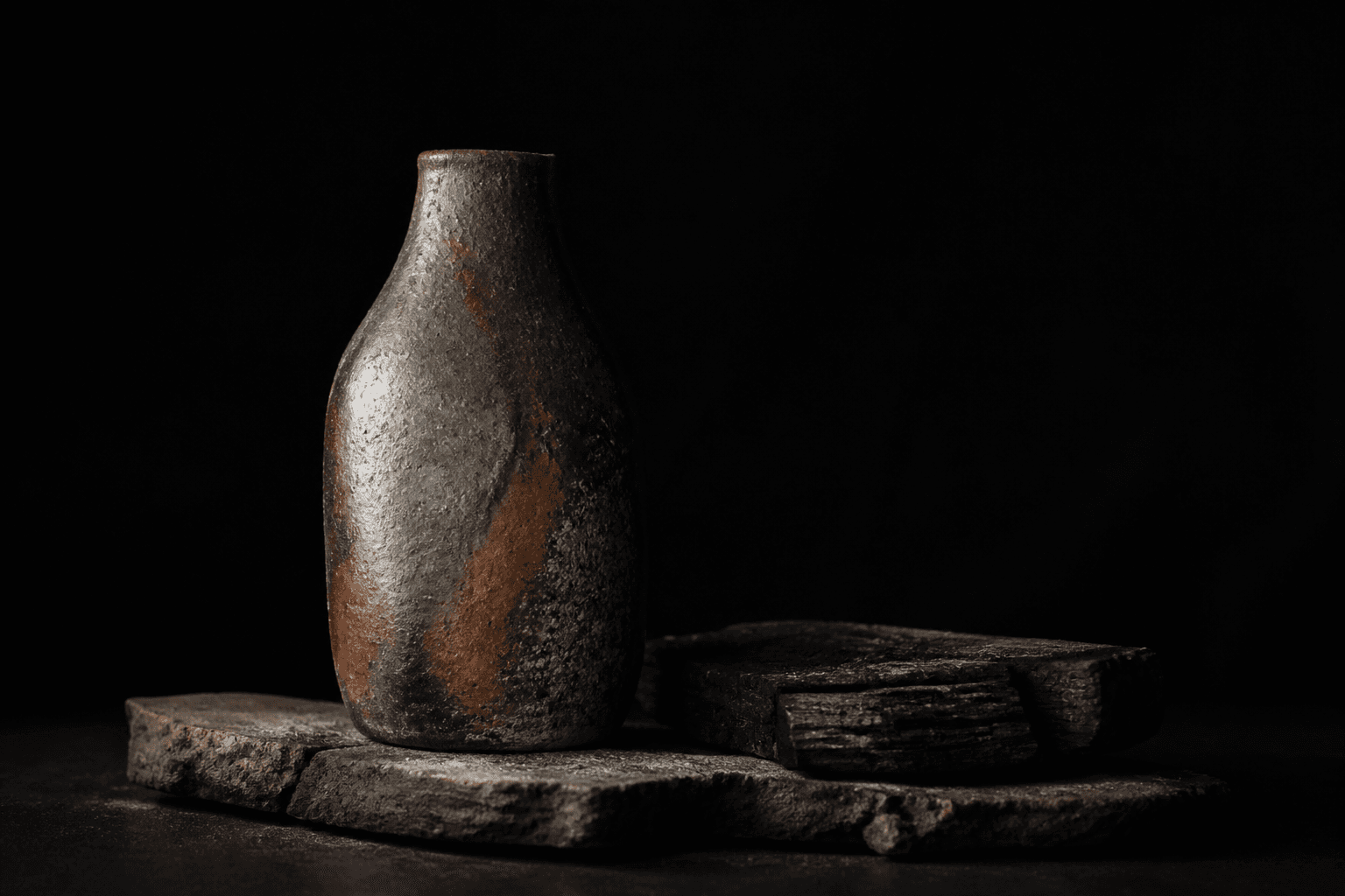 Wood-fired vessel resting on slabs of raw clay